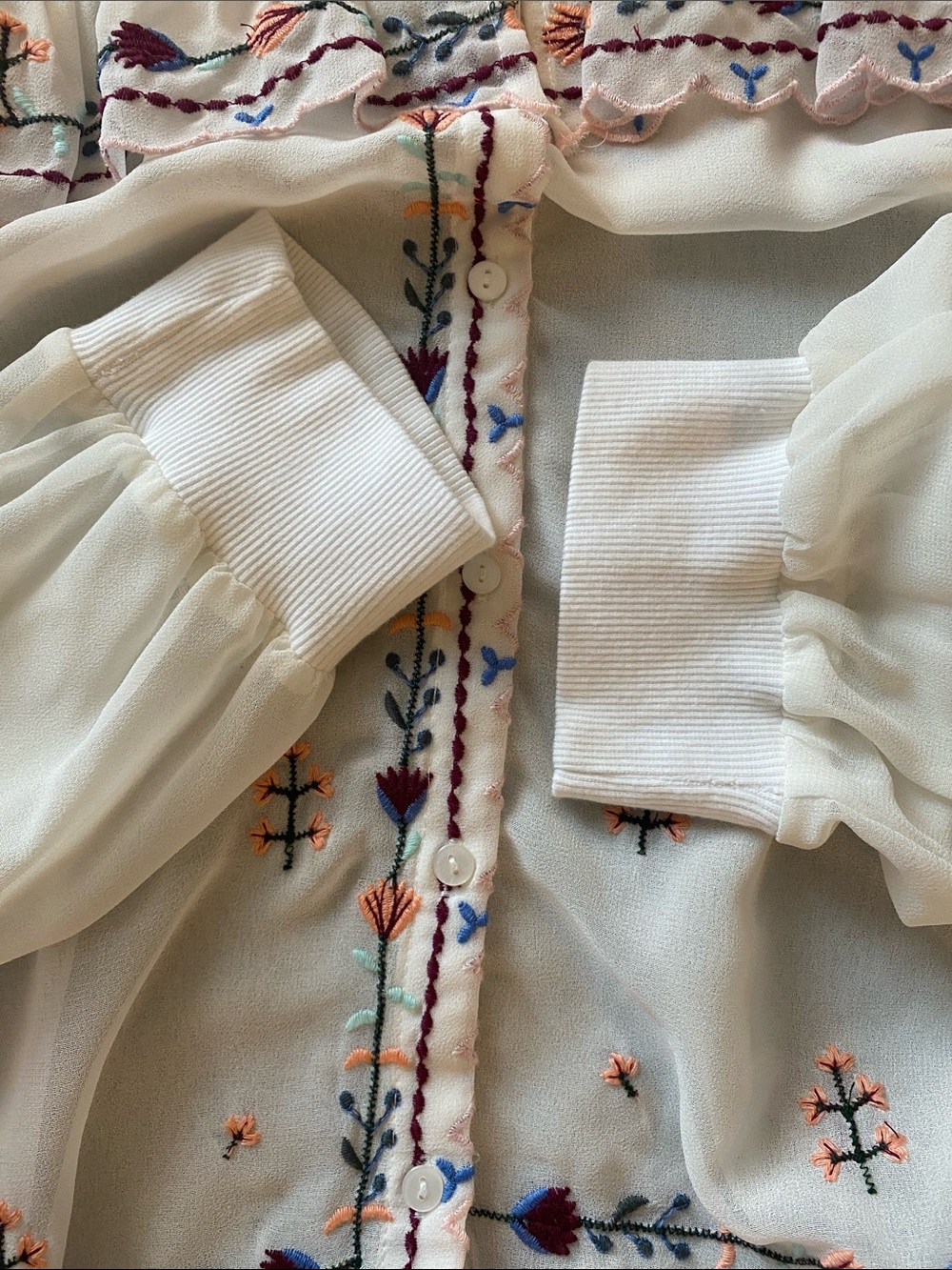 Splash White Embroidered Ruffle Yoke Blouse with Multi-Color Accents Size 10 - Picture 10 of 11